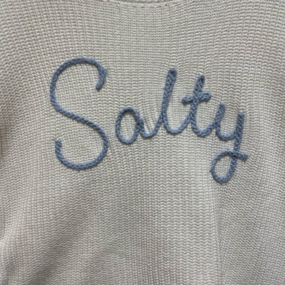 moon & madison SALTY  Sz Small Cream Sweater with Blue Script Bell Bell Sleeve - Picture 3 of 9